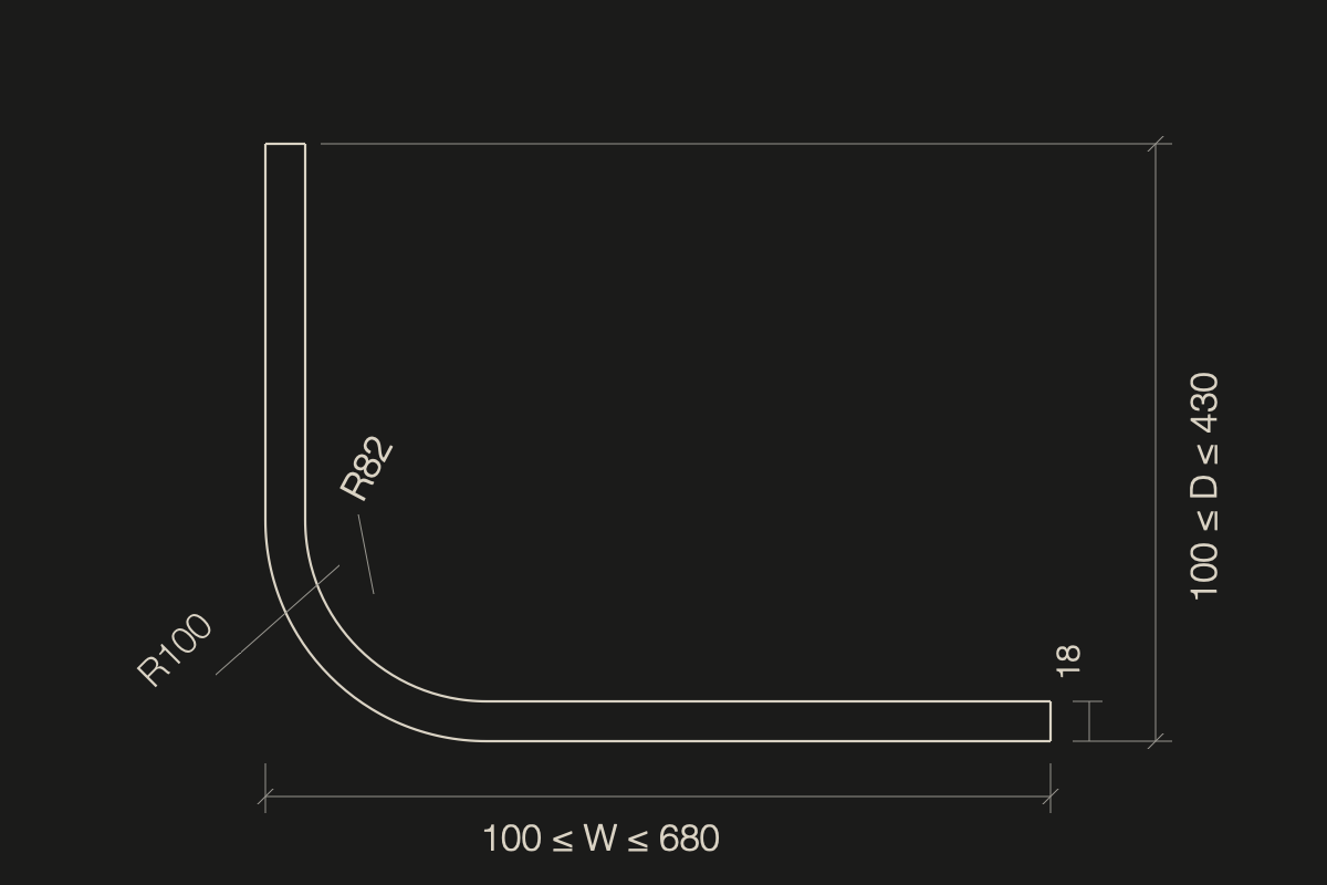 R100，R82，18 mm，100≤W≤680，100≤D≤430